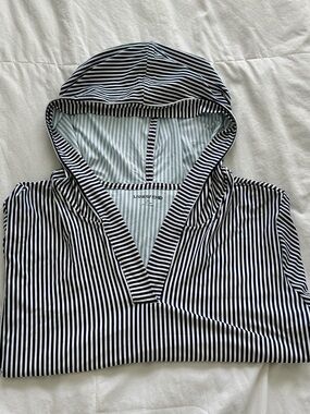 Lands' End Navy & White Striped Hooded Pullover